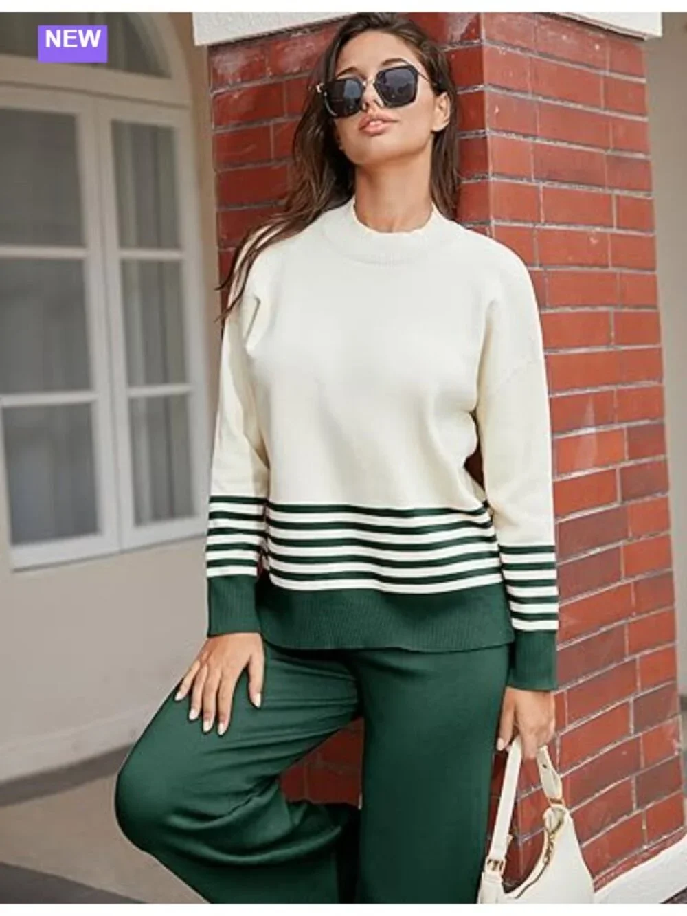 Striped 2 Piece Sweater Lounge Set Ribbed Knit Turtleneck Tracksuit